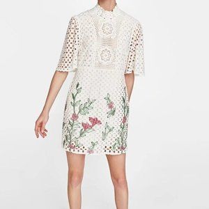 Zara Woman White Crochet Embroidered Eyelet Dress